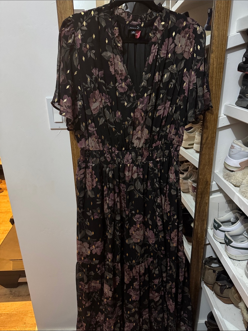 TORRID Ruffle Neckline Black Maxi Dress with Dusty Mauve Floral Print